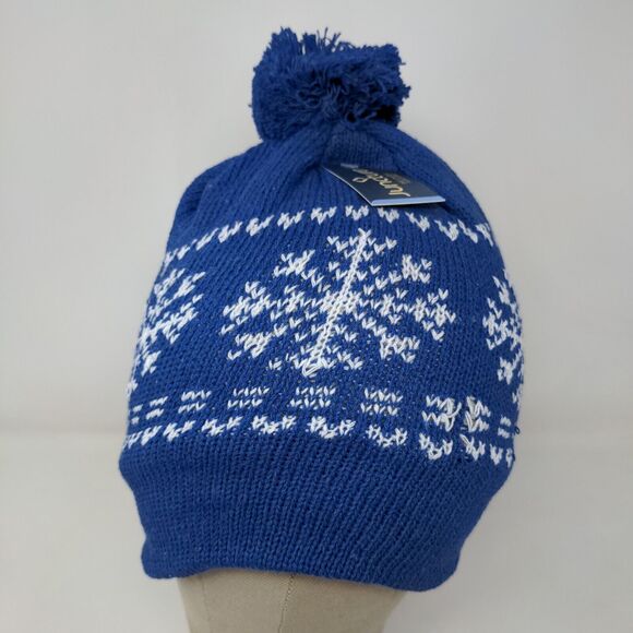 Juncture Women's Knit Beanie Hat Blue Fair Isle Fleece Lined Pom Pom W/Tags - Picture 3 of 12